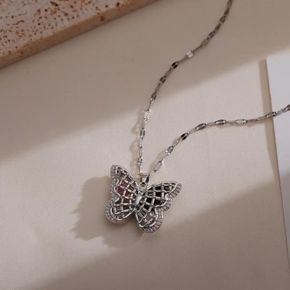 Ig Style Butterfly Copper Plating Hollow Out Inlay Zircon 18k Gold Plated Pendant Necklace