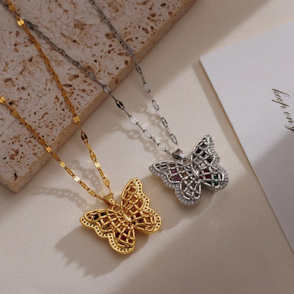 Ig Style Butterfly Copper Plating Hollow Out Inlay Zircon 18k Gold Plated Pendant Necklace