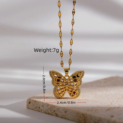 Ig Style Butterfly Copper Plating Hollow Out Inlay Zircon 18k Gold Plated Pendant Necklace