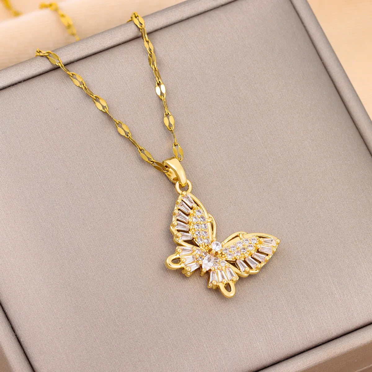 Ig Style Butterfly Stainless Steel Plating Inlay Zircon 18k Gold Plated Pendant Necklace