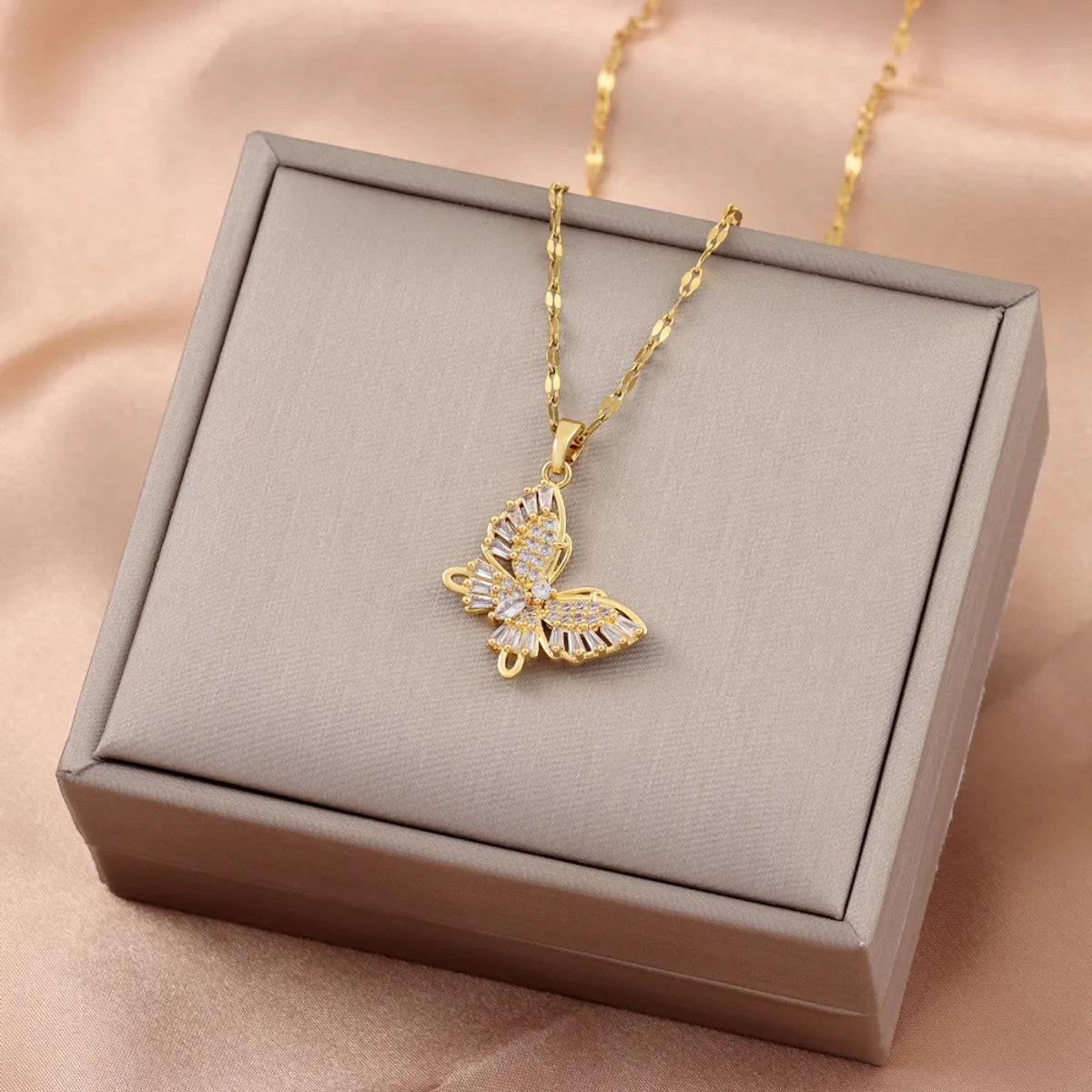 Ig Style Butterfly Stainless Steel Plating Inlay Zircon 18k Gold Plated Pendant Necklace