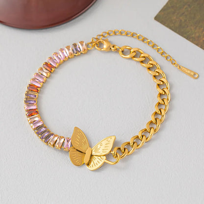 IG Style Butterfly 304 Stainless Steel 18K Gold Plated Artificial Rhinestones Bracelets In Bulk