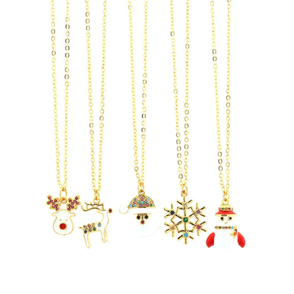 Ig Style Cartoon Style Santa Claus Snowflake Elk Copper 18k Gold Plated Zircon Pendant Necklace In Bulk