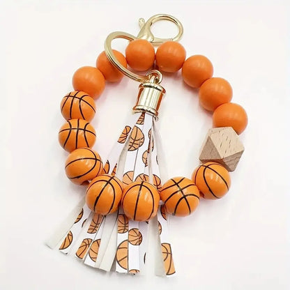 IG Style Casual Sports Tassel Ball Pu Leather Wooden Beads Metal Beaded Printing Bag Pendant Keychain