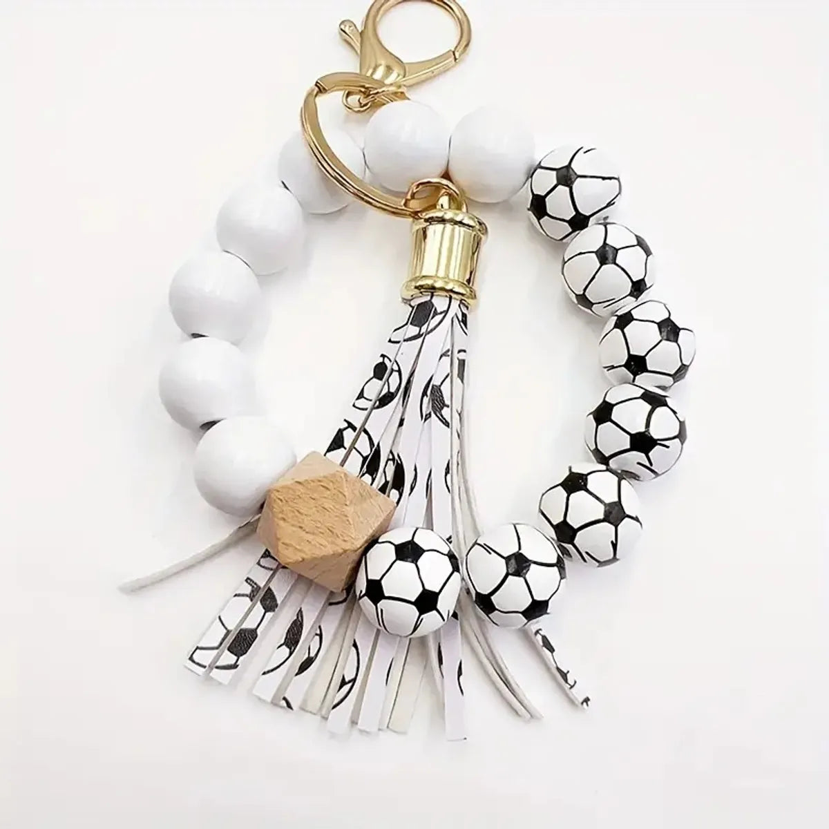 IG Style Casual Sports Tassel Ball Pu Leather Wooden Beads Metal Beaded Printing Bag Pendant Keychain