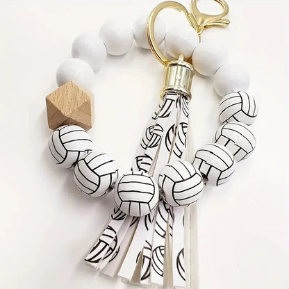 IG Style Casual Sports Tassel Ball Pu Leather Wooden Beads Metal Beaded Printing Bag Pendant Keychain