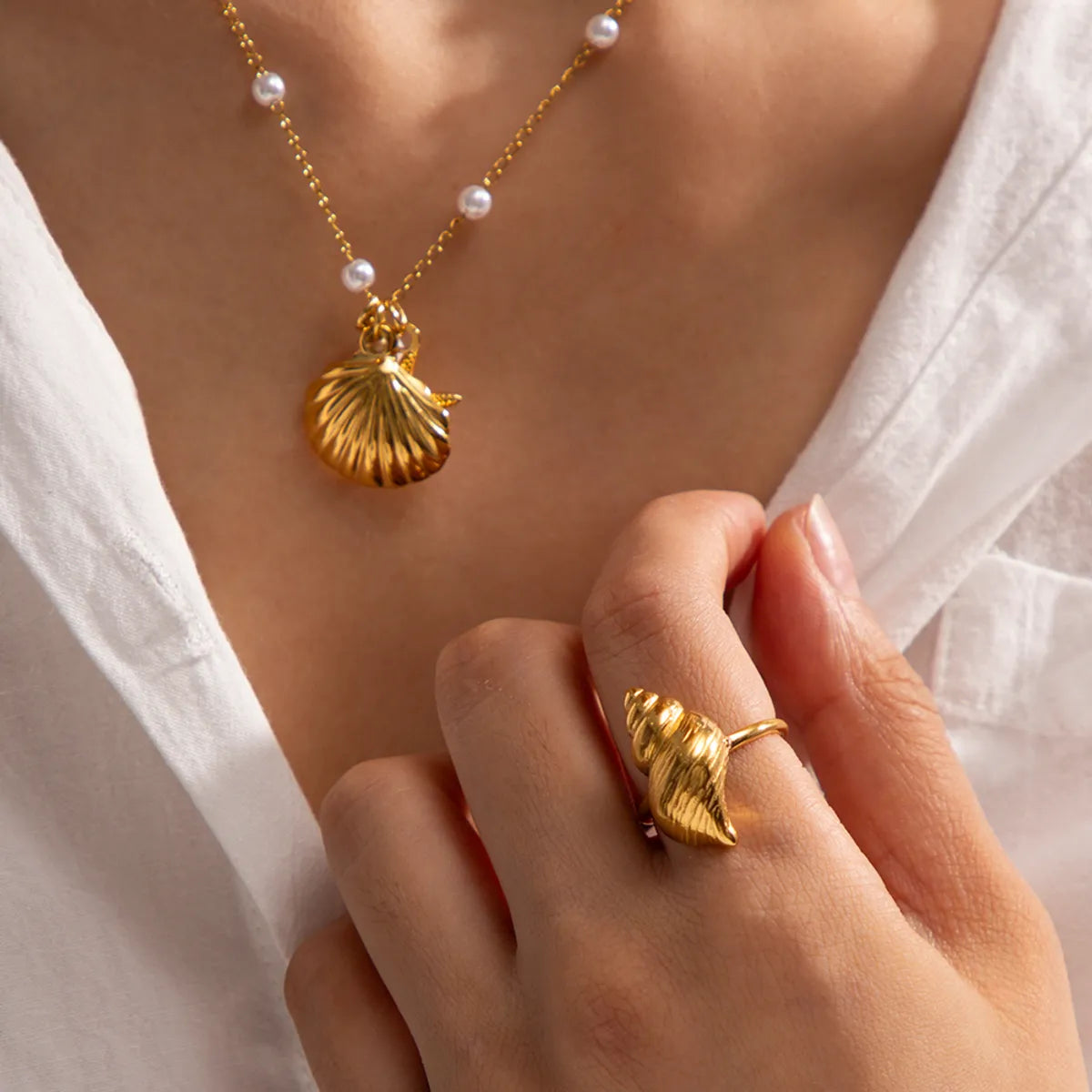 Ig Style Casual Starfish Shell Stainless Steel Pearl Plating 18k Gold Plated Pendant Necklace