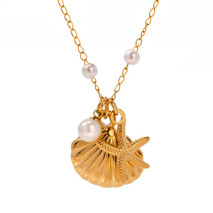 Ig Style Casual Starfish Shell Stainless Steel Pearl Plating 18k Gold Plated Pendant Necklace