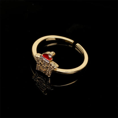 Ig Style Christmas Hat Star Smile Face Copper 18k Gold Plated Zircon Rings Earrings Necklace In Bulk