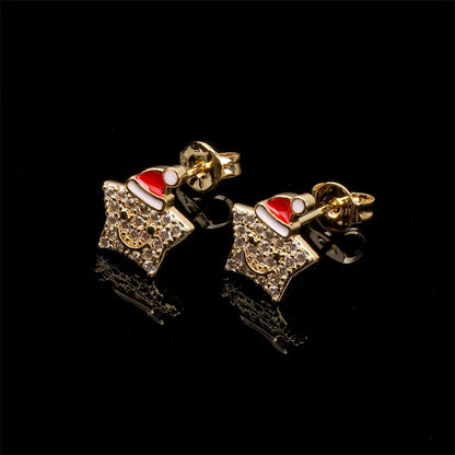 Ig Style Christmas Hat Star Smile Face Copper 18k Gold Plated Zircon Rings Earrings Necklace In Bulk