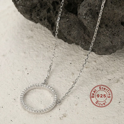 Ig Style Circle Sterling Silver Plating Hollow Out Inlay Zircon White Gold Plated Pendant Necklace