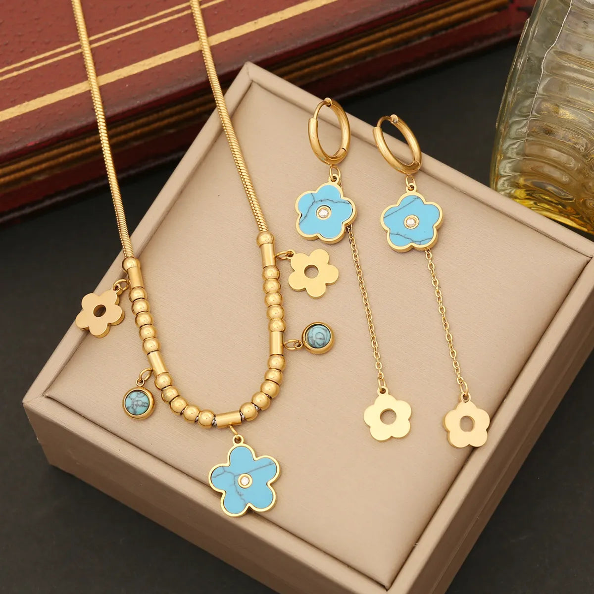 Ig Style Classic Style Flower Stainless Steel Plating Inlay Turquoise Bracelets Earrings Necklace