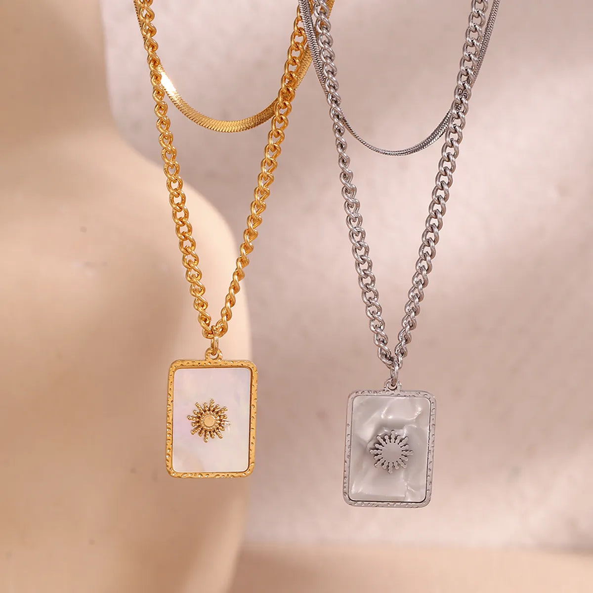 Ig Style Classic Style Sun Square Stainless Steel Plating Inlay Shell 18k Gold Plated Double Layer Necklaces