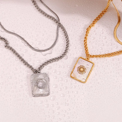 Ig Style Classic Style Sun Square Stainless Steel Plating Inlay Shell 18k Gold Plated Double Layer Necklaces