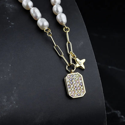 Ig Style Commute Color Block Alloy Freshwater Pearl Copper Polishing Plating Inlay Zircon Gold Plated Pendant Necklace