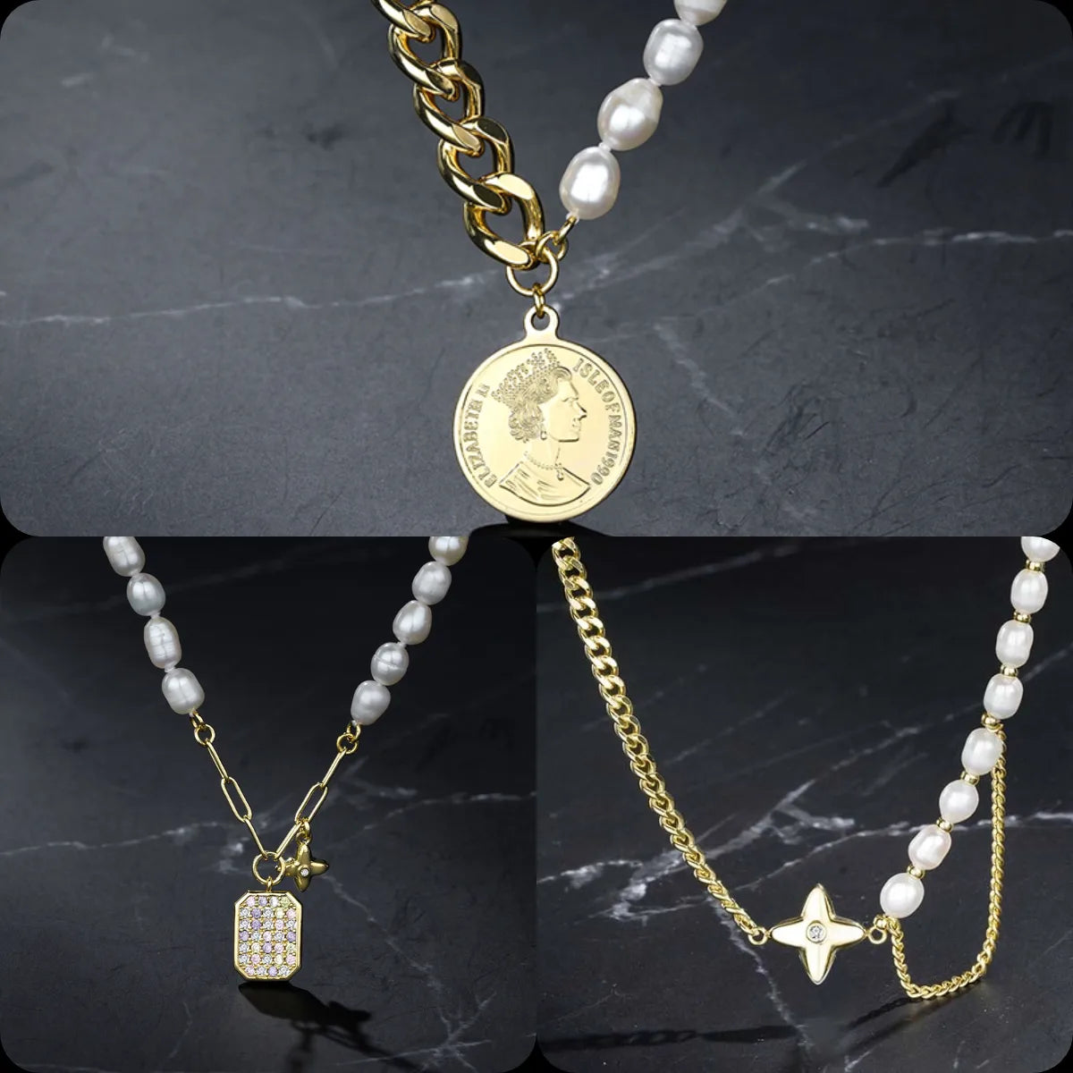 Ig Style Commute Color Block Alloy Freshwater Pearl Copper Polishing Plating Inlay Zircon Gold Plated Pendant Necklace