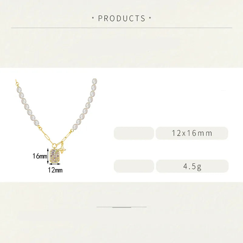 Ig Style Commute Color Block Alloy Freshwater Pearl Copper Polishing Plating Inlay Zircon Gold Plated Pendant Necklace