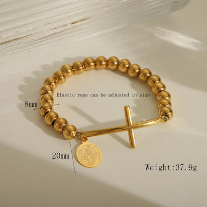 IG Style Cross Religious Series Pattern Solid Color 18K Gold Plated 201 Stainless Steel Elastic String Wholesale Bracelets