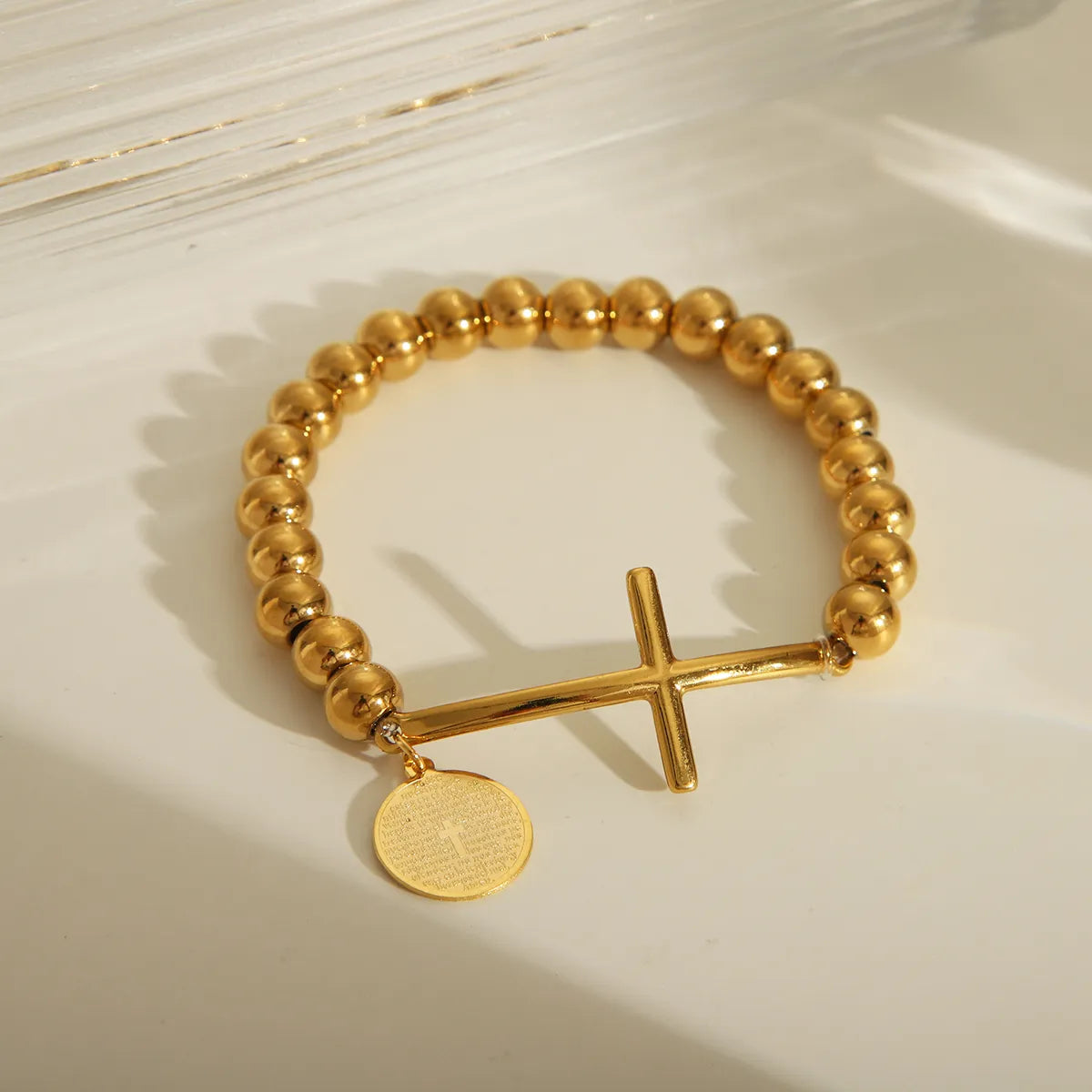 IG Style Cross Religious Series Pattern Solid Color 18K Gold Plated 201 Stainless Steel Elastic String Wholesale Bracelets