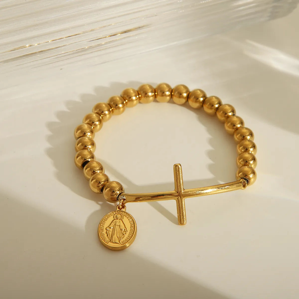 IG Style Cross Religious Series Pattern Solid Color 18K Gold Plated 201 Stainless Steel Elastic String Wholesale Bracelets