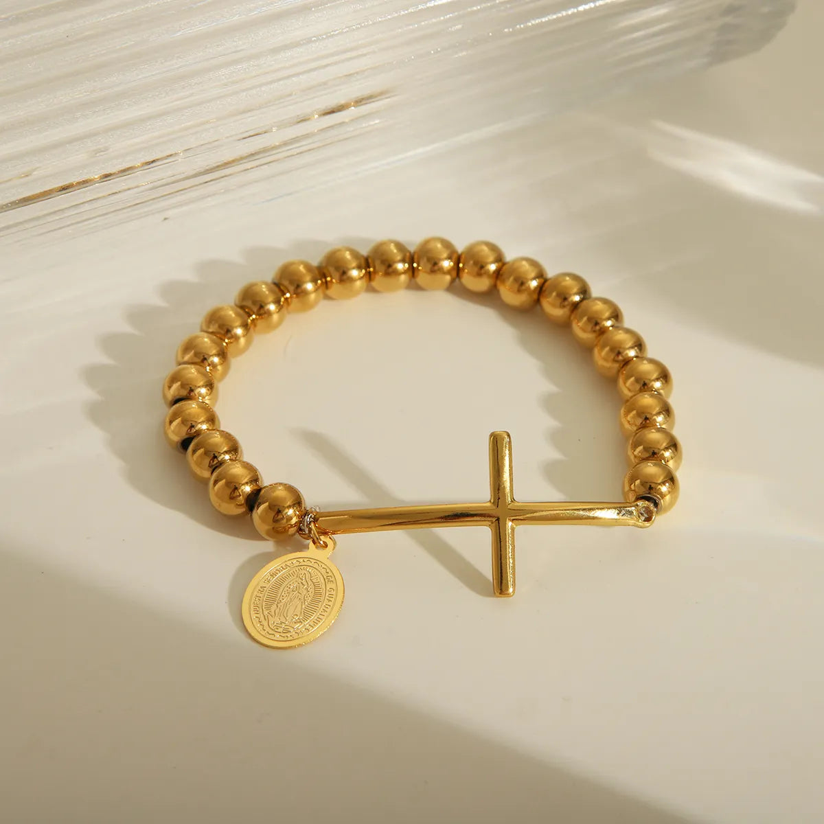 IG Style Cross Religious Series Pattern Solid Color 18K Gold Plated 201 Stainless Steel Elastic String Wholesale Bracelets