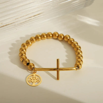 IG Style Cross Religious Series Pattern Solid Color 18K Gold Plated 201 Stainless Steel Elastic String Wholesale Bracelets