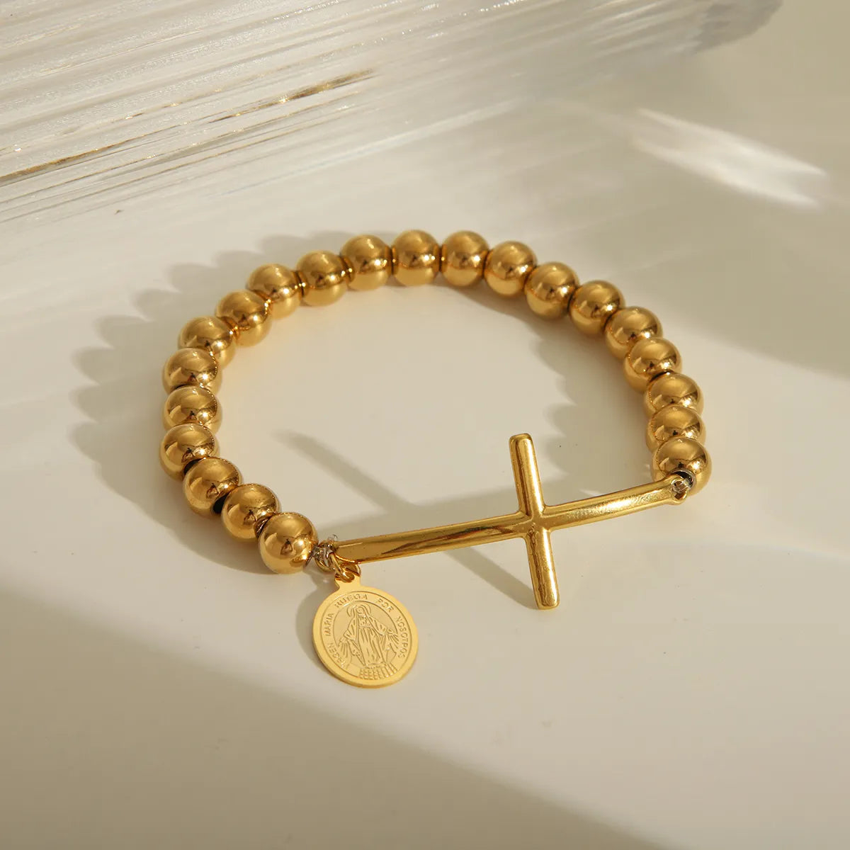 IG Style Cross Religious Series Pattern Solid Color 18K Gold Plated 201 Stainless Steel Elastic String Wholesale Bracelets