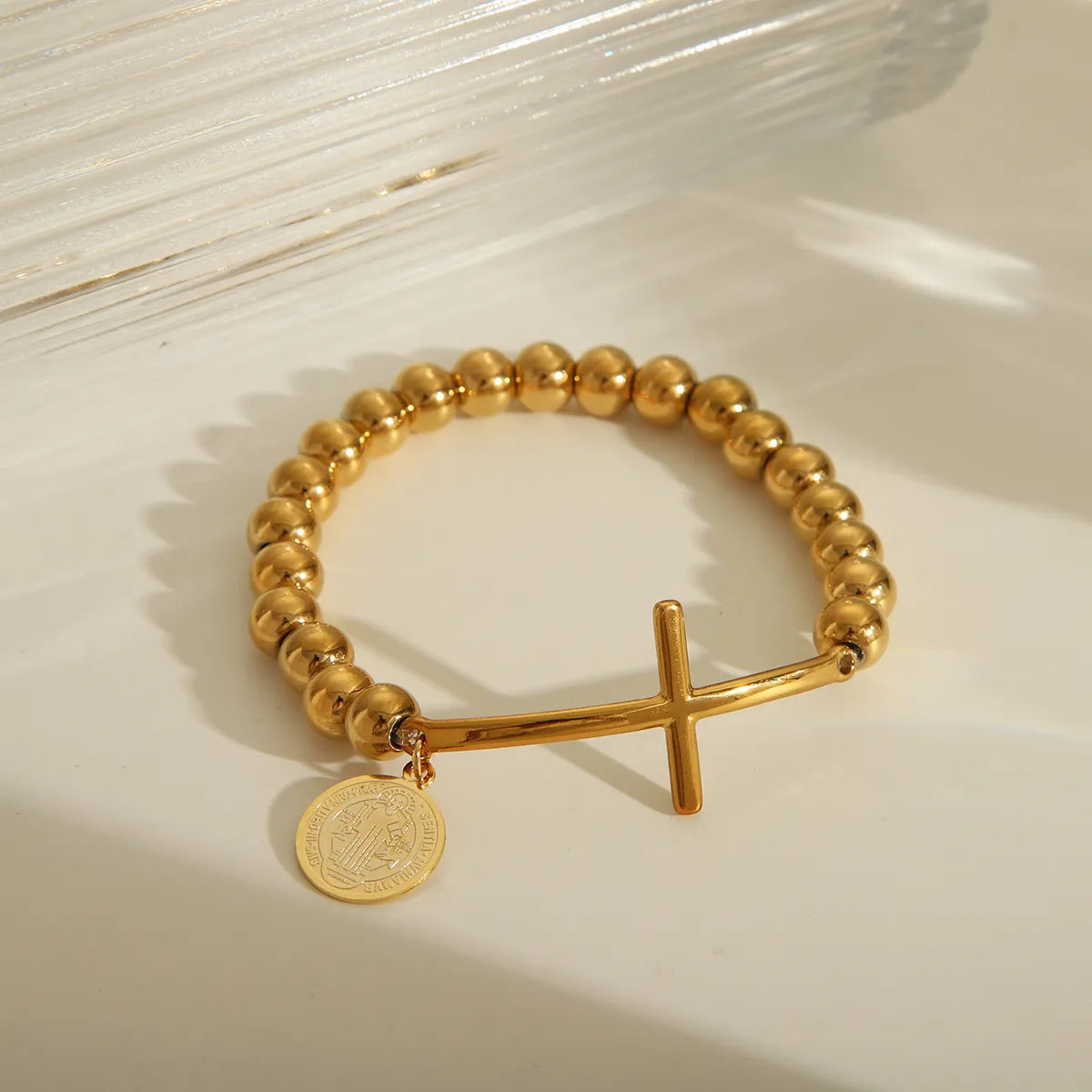 IG Style Cross Religious Series Pattern Solid Color 18K Gold Plated 201 Stainless Steel Elastic String Wholesale Bracelets