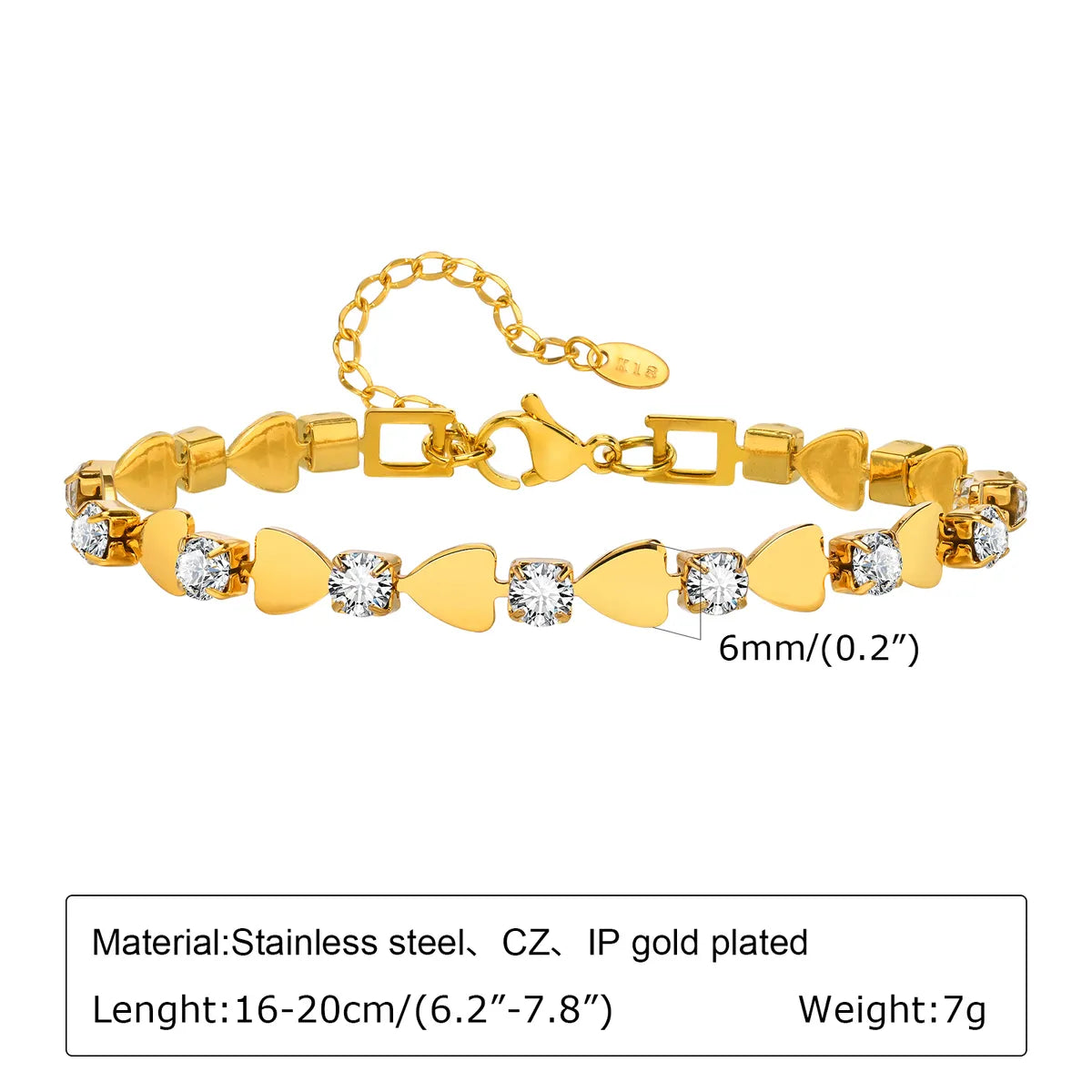 IG Style Cross Square Heart Shape 201 Stainless Steel 18K Gold Plated Zircon Bracelets In Bulk