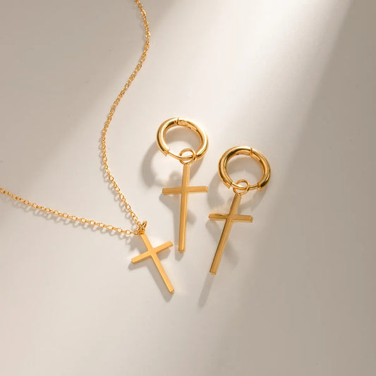 Ig Style Cross Stainless Steel 18k Gold Plated Earrings Necklace