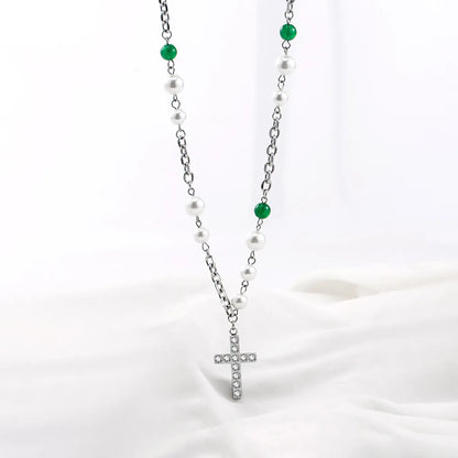 IG Style Cross Stainless Steel Imitation Pearl Polishing Inlay Rhinestones Unisex Pendant Necklace