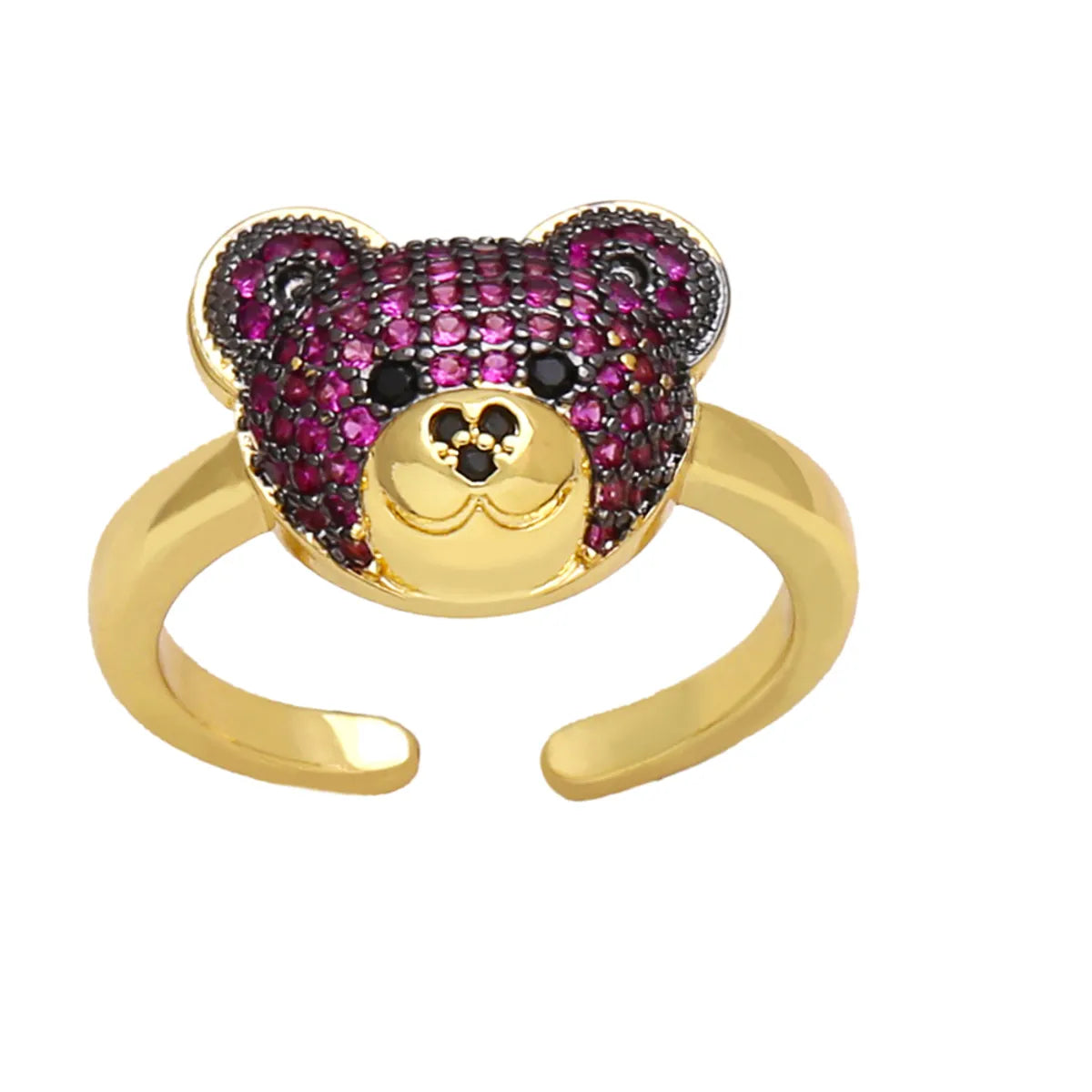 Ig Style Cute Bear Copper Plating Inlay Zircon 18k Gold Plated Open Rings