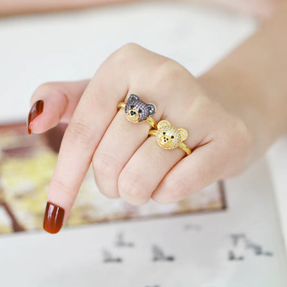 Ig Style Cute Bear Copper Plating Inlay Zircon 18k Gold Plated Open Rings