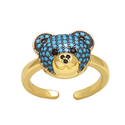 Ig Style Cute Bear Copper Plating Inlay Zircon 18k Gold Plated Open Rings