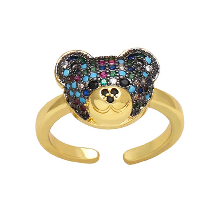 Ig Style Cute Bear Copper Plating Inlay Zircon 18k Gold Plated Open Rings