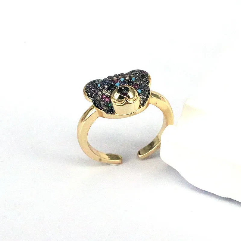 Ig Style Cute Bear Copper Plating Inlay Zircon Gold Plated Open Rings