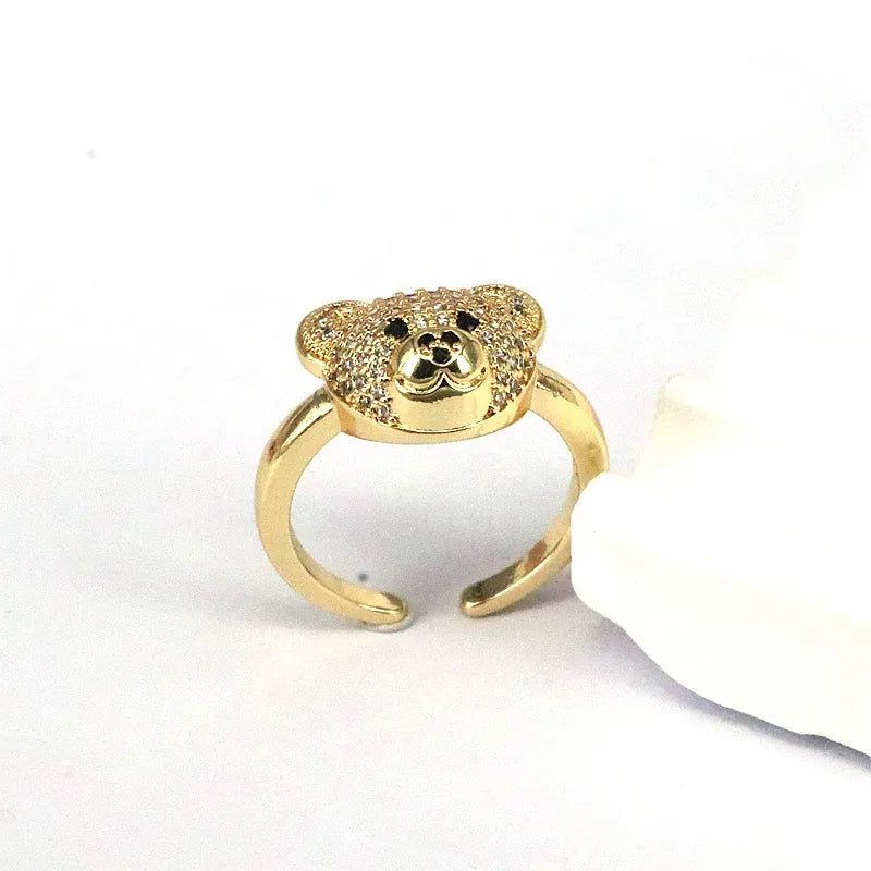 Ig Style Cute Bear Copper Plating Inlay Zircon Gold Plated Open Rings