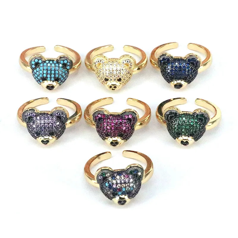 Ig Style Cute Bear Copper Plating Inlay Zircon Gold Plated Open Rings