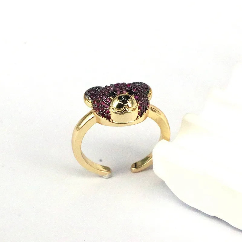 Ig Style Cute Bear Copper Plating Inlay Zircon Gold Plated Open Rings