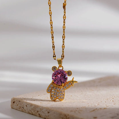 Ig Style Cute Cartoon Bear Copper Plating Inlay Zircon 18k Gold Plated Pendant Necklace