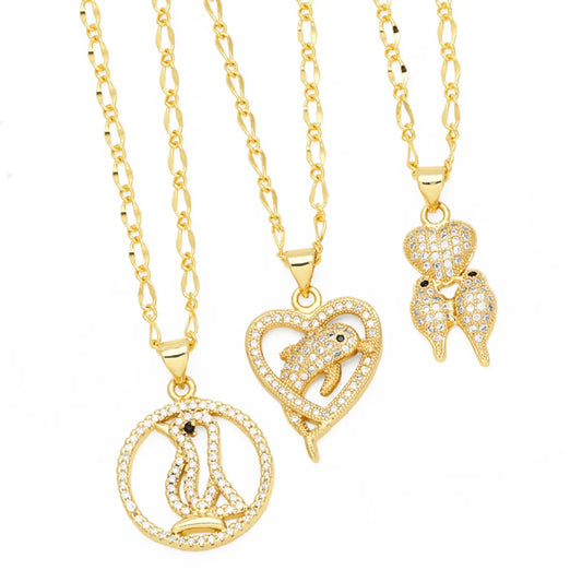 Ig Style Cute Dolphin Heart Shape Bird Stainless Steel Copper Plating Inlay Zircon 18k Gold Plated Pendant Necklace