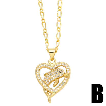 Ig Style Cute Dolphin Heart Shape Bird Stainless Steel Copper Plating Inlay Zircon 18k Gold Plated Pendant Necklace