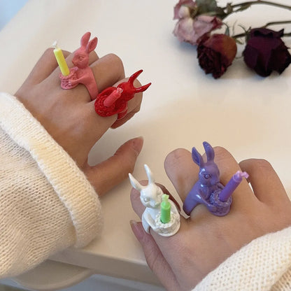 Ig Style Cute Hip-hop Rabbit Animal Alloy Spray Paint Women's Rings