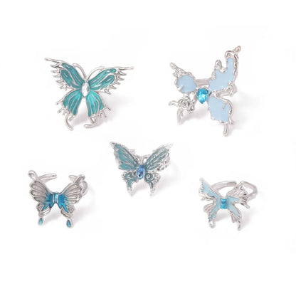 IG Style Cute Sweet Butterfly Alloy Enamel Inlay Artificial Rhinestones Silver Plated Women'S Open Rings