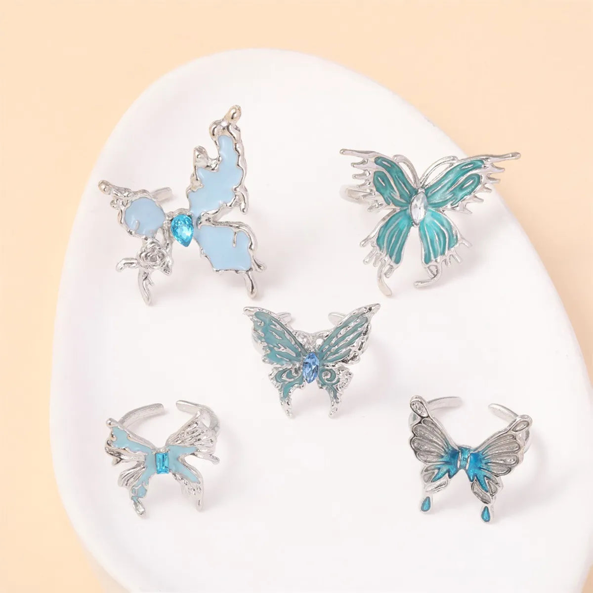 IG Style Cute Sweet Butterfly Alloy Enamel Inlay Artificial Rhinestones Silver Plated Women'S Open Rings