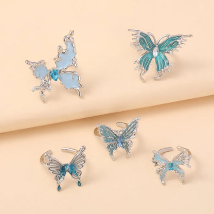 IG Style Cute Sweet Butterfly Alloy Enamel Inlay Artificial Rhinestones Silver Plated Women'S Open Rings