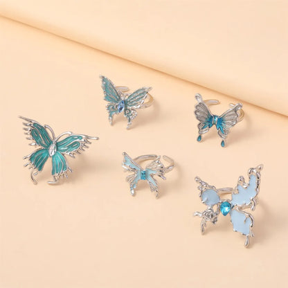 IG Style Cute Sweet Butterfly Alloy Enamel Inlay Artificial Rhinestones Silver Plated Women'S Open Rings