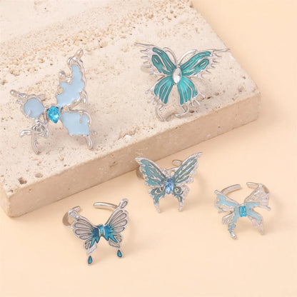 IG Style Cute Sweet Butterfly Alloy Enamel Inlay Artificial Rhinestones Silver Plated Women'S Open Rings