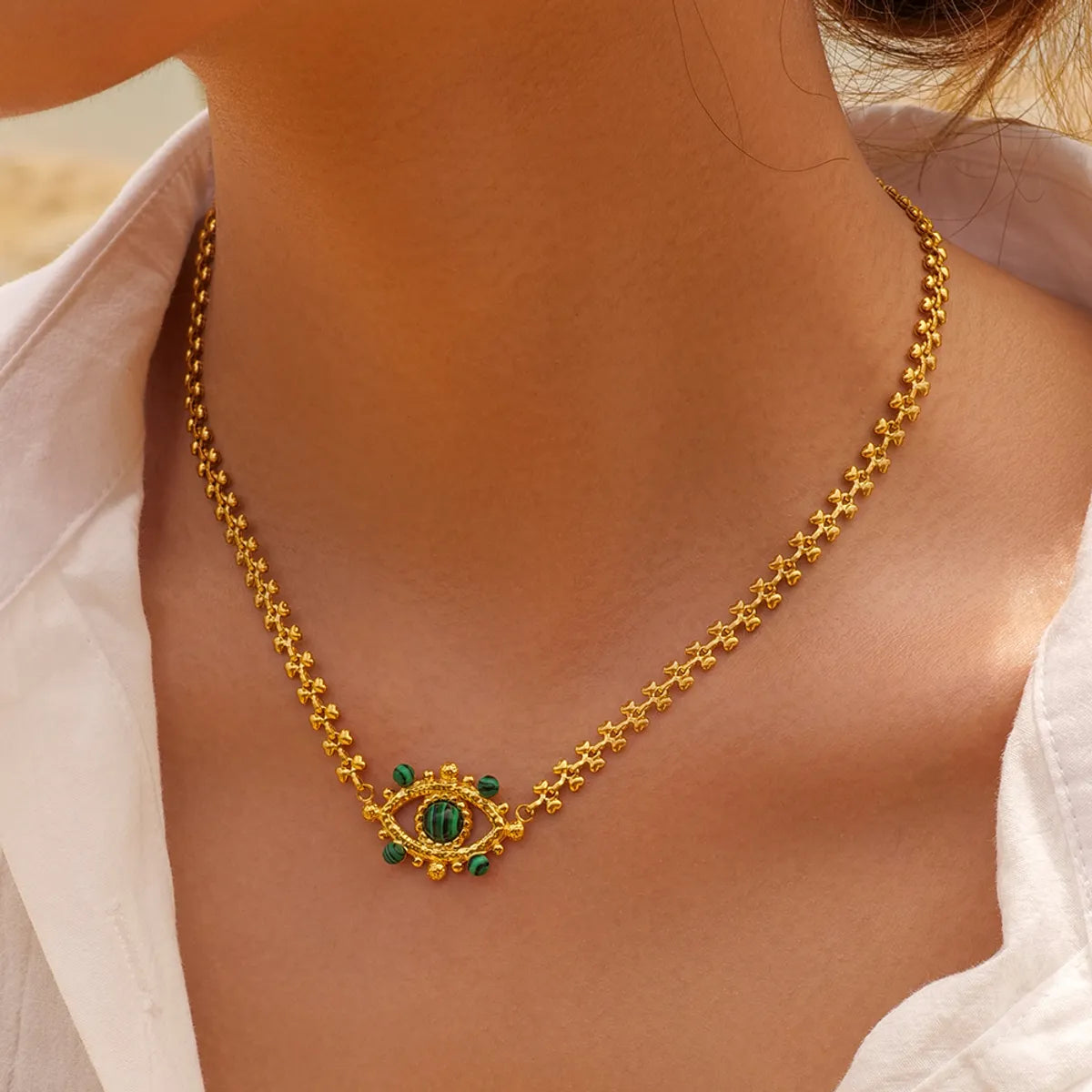 Ig Style Devil's Eye Stainless Steel Plating Hollow Out Inlay Malachite 18k Gold Plated Necklace