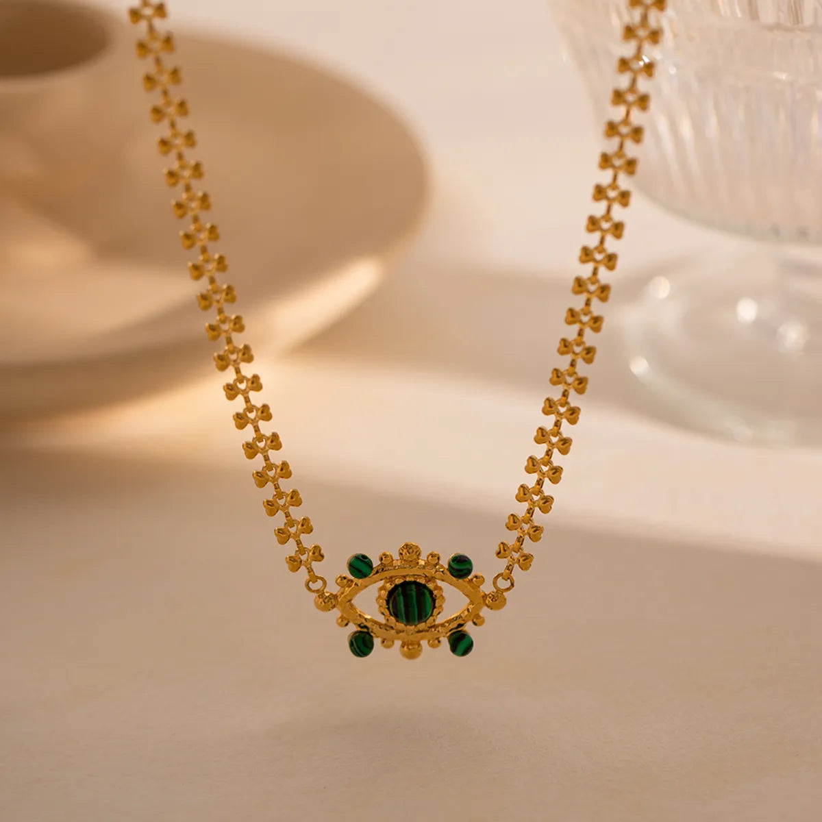 Ig Style Devil's Eye Stainless Steel Plating Hollow Out Inlay Malachite 18k Gold Plated Necklace